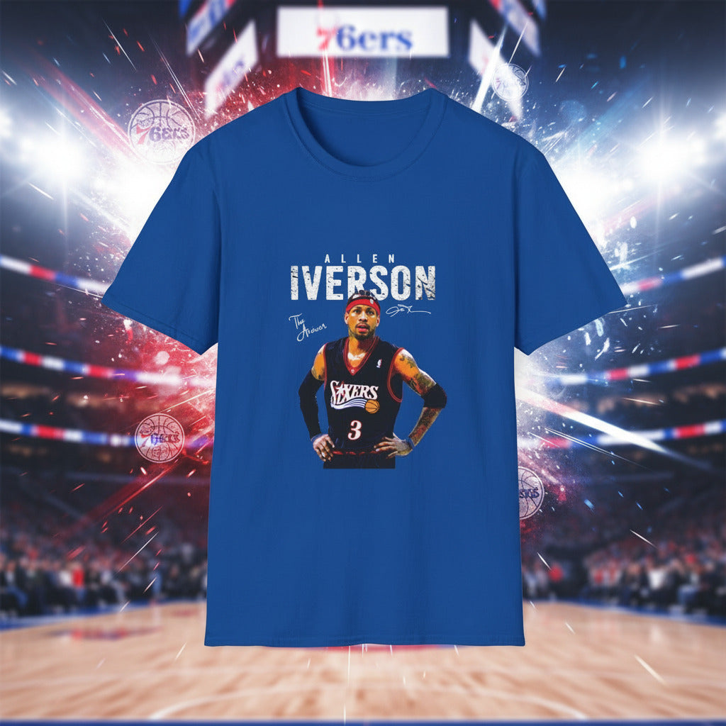 Blue t-shirt with a graphic of Allen Iverson and Signature