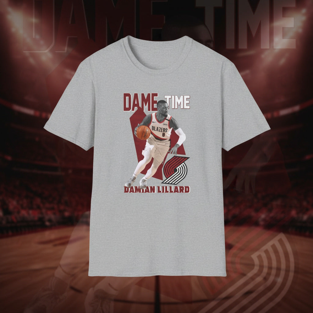 Grey t-shirt with a basketball player graphic and 'Dame Time' text