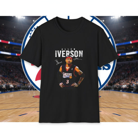 Black t-shirt with Allen Iverson graphic and signature 
