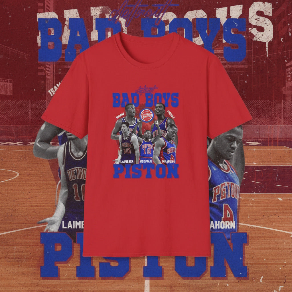 Red t-shirt with basketball player graphic and text on a white background