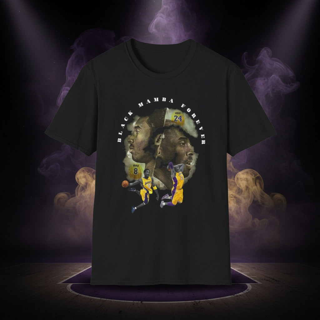 Black t-shirt with graphic of a basketball player and text 'Black Mamba Forever' on 