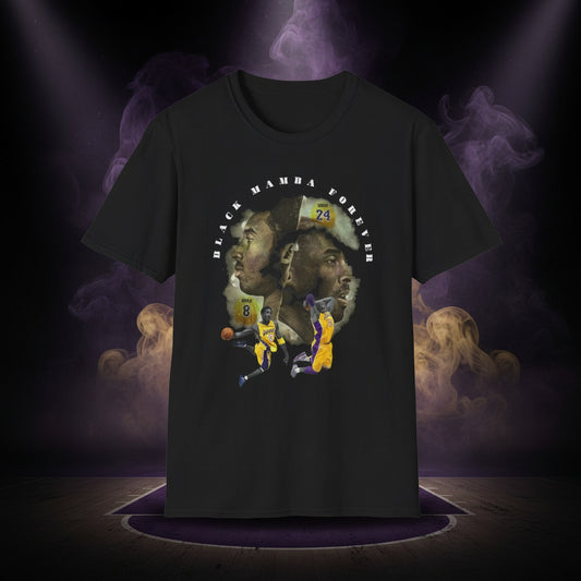Black t-shirt with graphic of a basketball player and text 'Black Mamba Forever' on 