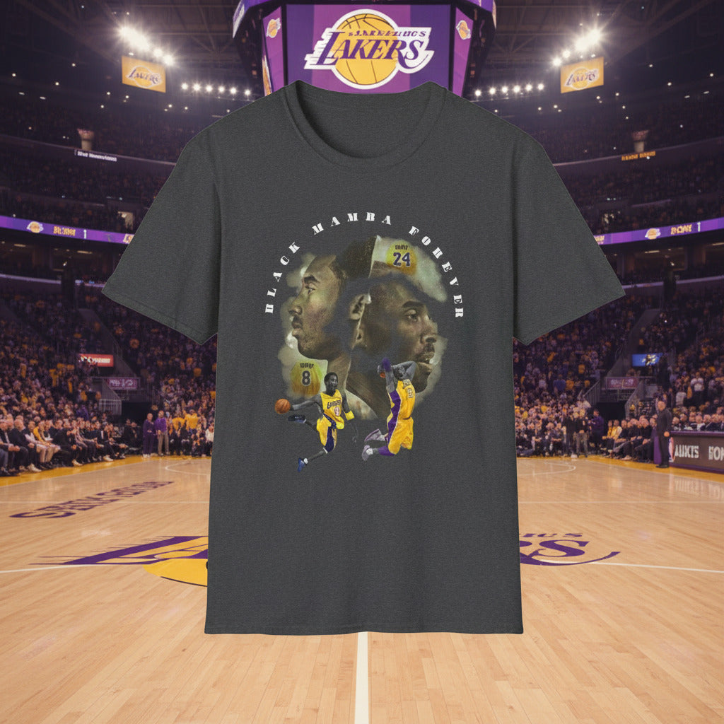 Dark gray t-shirt with a graphic of a basketball player and text on a white background