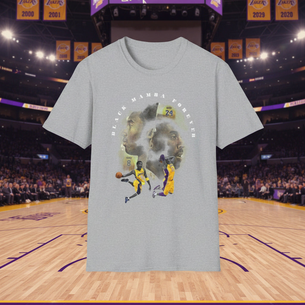 Gray t-shirt with a graphic of two basketball players and a heart design on a white background