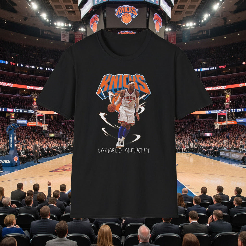 Black t-shirt with Knicks logo and basketball player graphic 