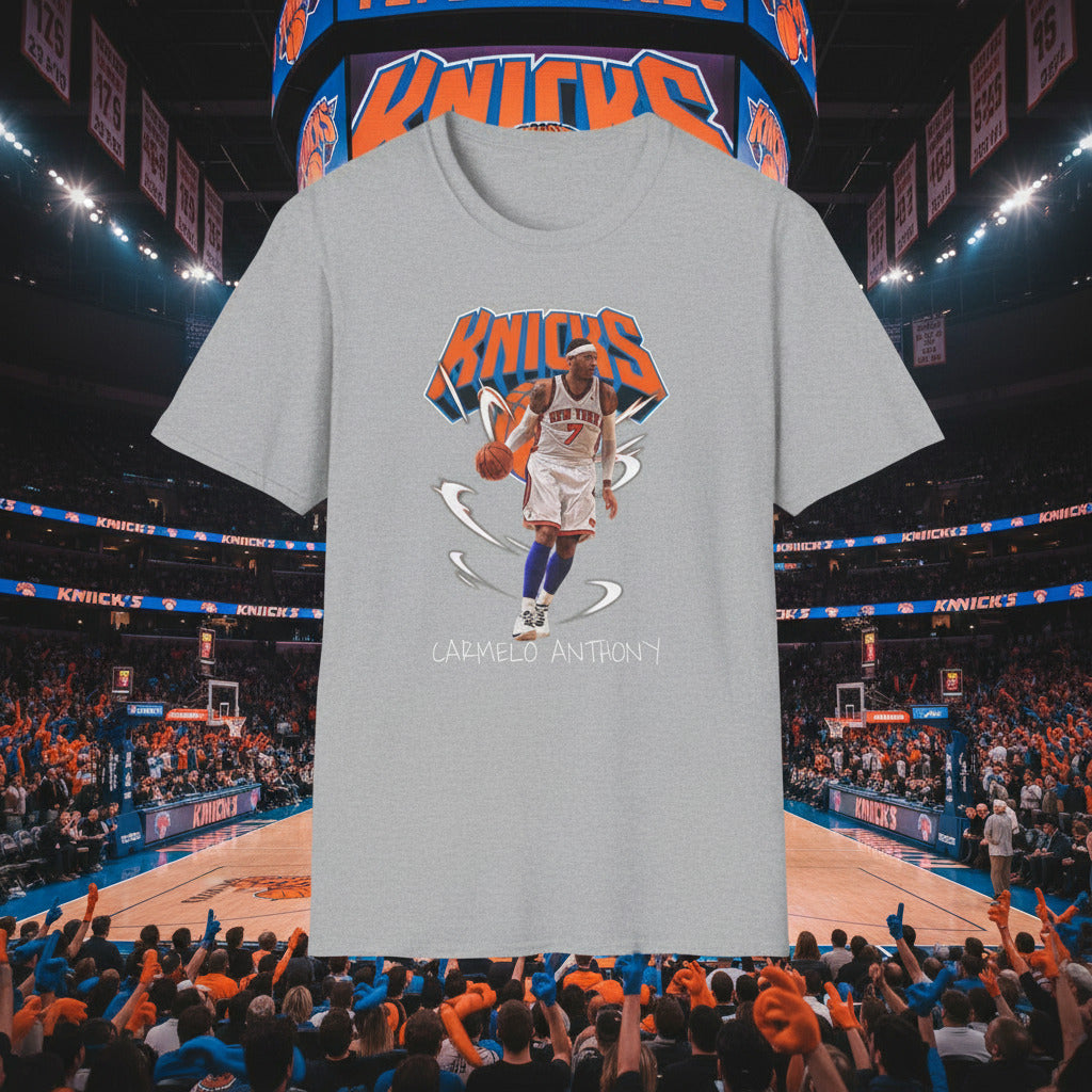 Gray t-shirt with a graphic of a basketball player and 'Knicks'