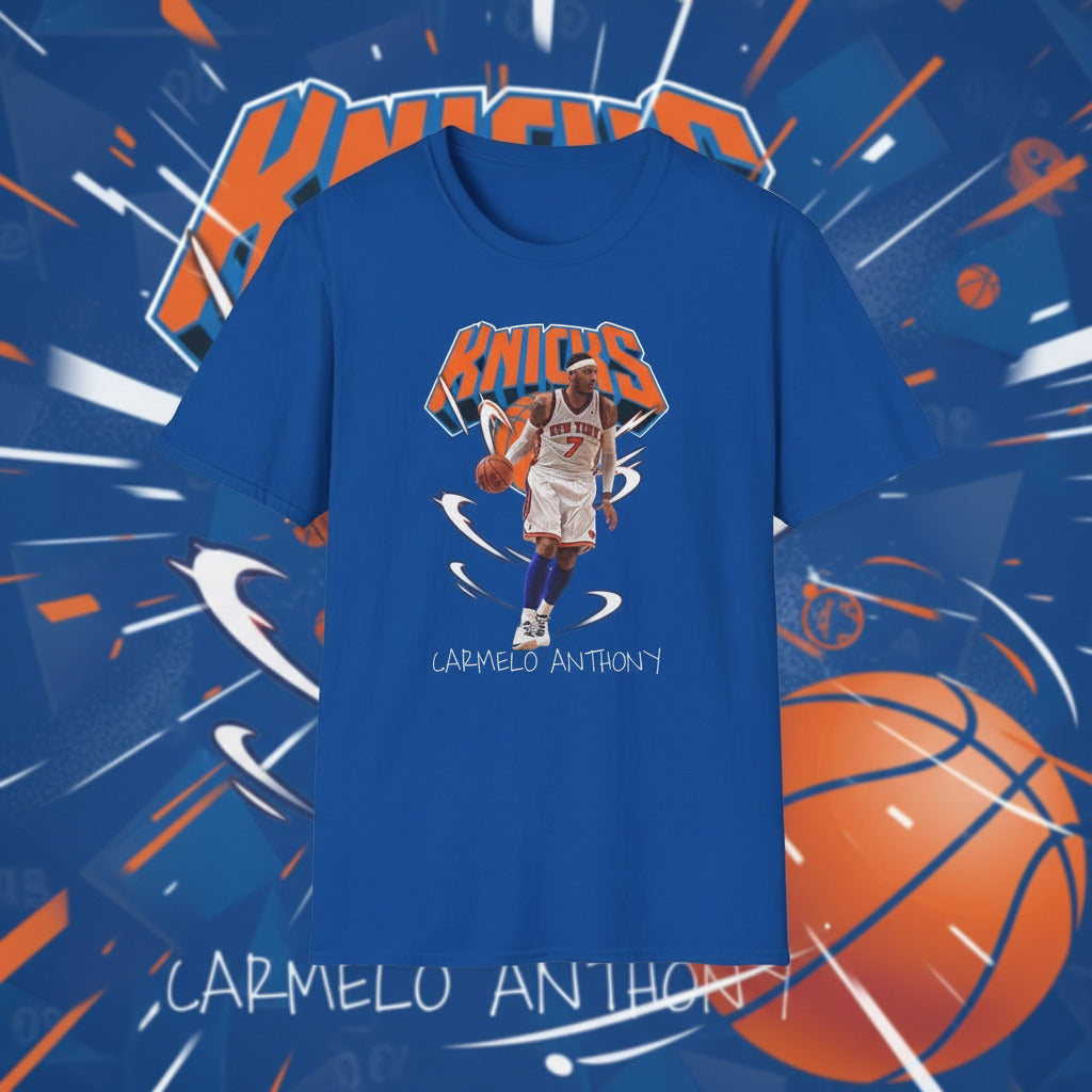 Blue t-shirt with a basketball player graphic and 'Knicks 