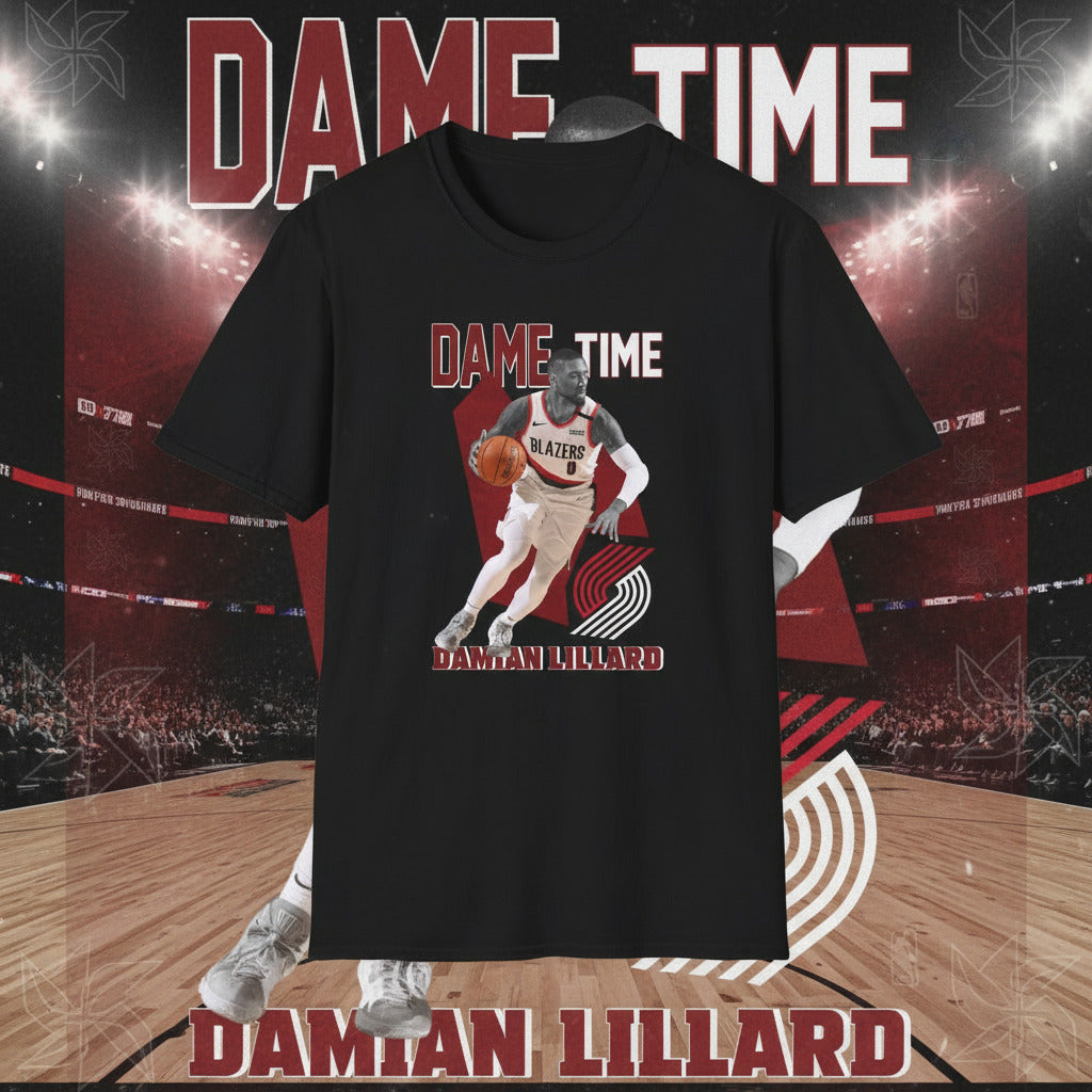 Black t-shirt with a graphic of a basketball player and 'Dame Time' Text