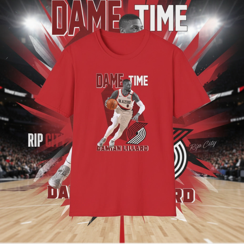 Red t-shirt with a graphic of a basketball player and text 
