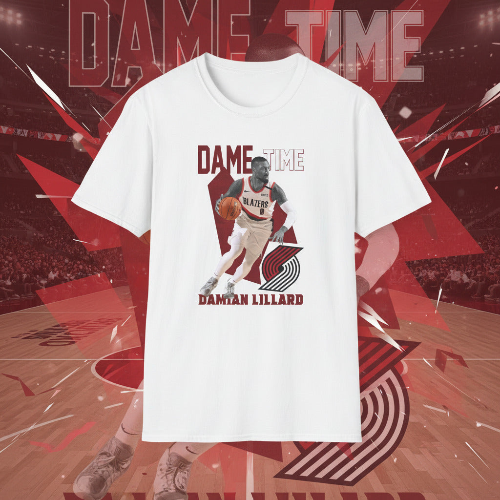 White t-shirt with a graphic of a basketball player 