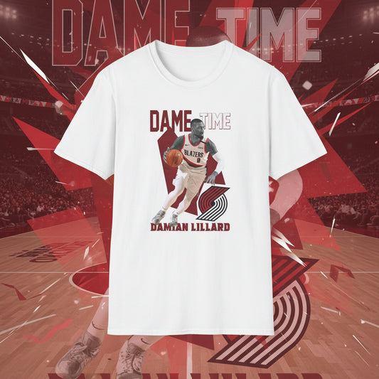 White t-shirt with a graphic of a basketball player 