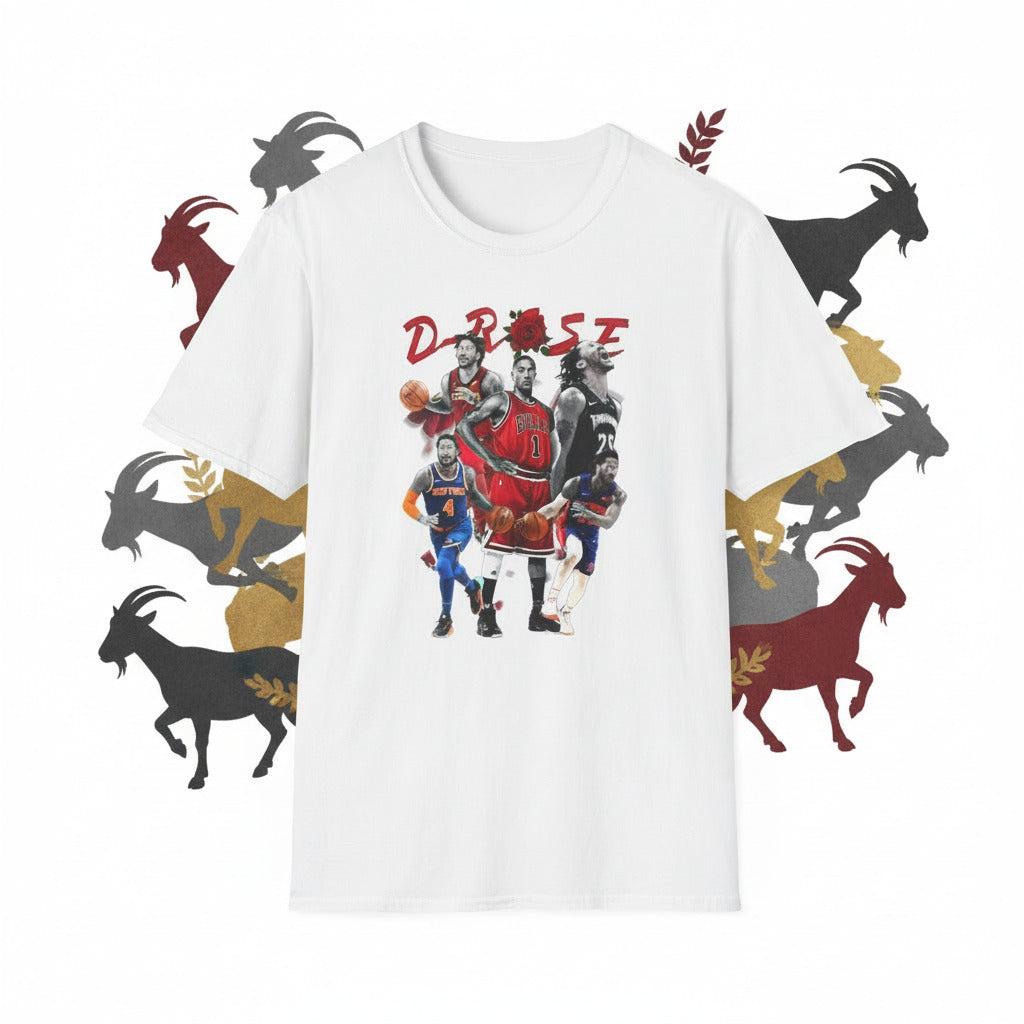 White t-shirt with graphic design of basketball players and 'D Rose 