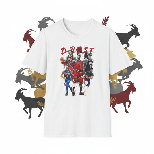 White t-shirt with graphic design of basketball players and 'D Rose 