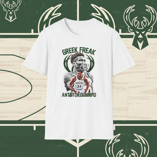 White t-shirt with 'Greek Freak' graphic 