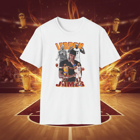 White t-shirt with graphic of lebron james