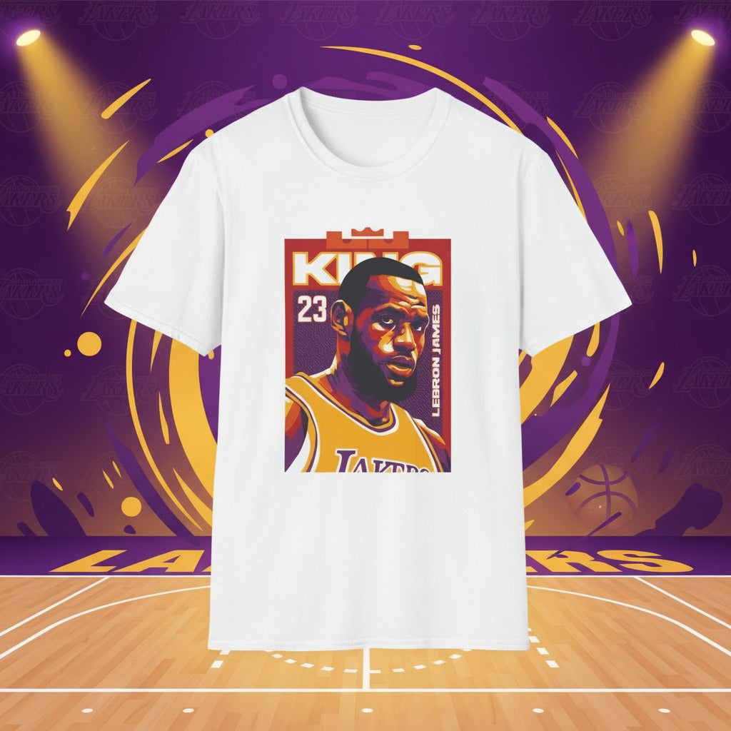 White t-shirt with a graphic of a LeBron James 