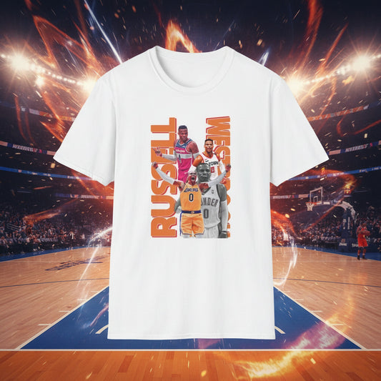 White t-shirt with basketball player graphic of'RUSSELL WESTBROOK