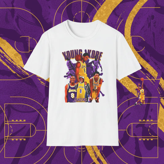White t-shirt with graphic of a young Kobe Bryant 